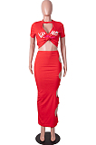 Red Wholesale Positioning Print Short Sleeve Hollow Out Crop Top Hole Pencil Skirts Sets SZS8083-2