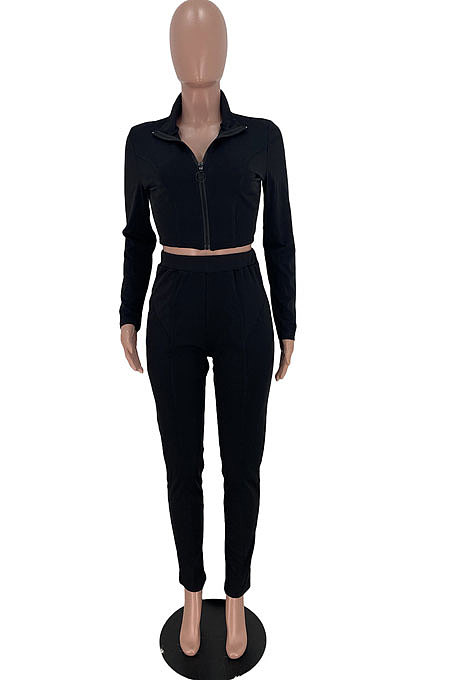 Light Blue Newest Simple Long Sleeve Zip Front Coat Bodycon Pants Solid Color Sets ARM8307-1