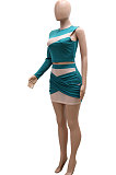 White Women Sexy Spliced Single Sleeve Round Collar Tops Skirts Sets YF9243-2