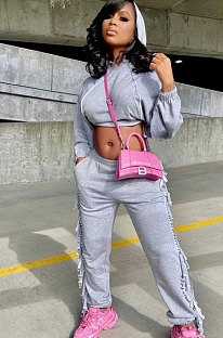 Gray Euramerican Trendy Solid Color Autumn Winter Loose Crop Hooded Tassel Pocket Pants Sets AYM5038-1
