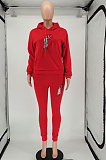 Red Women Long Sleeve Pure Color Printing Casual Pants Sets SMY81115-1