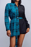 Green Plaid Digital Print Contrast Color Spliced Long Sleeve Single-Breasted With Beltband Shirts SZS8170-2