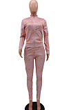 Grey Cotton Blend Letter Printing Long Sleeve Stand Neck Zip Front Coat Pencil Pants Sport Sets TK6145-1