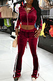 Pink Casual Side Strip Spliced Velvet Long Sleeve Zip Coat Flare Pants Slim Fitting Sets ARM8305-3