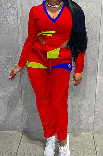 Red Cotton Blend Positioning Print Long Sleeve V Neck Blouse Sweat Pants Casual Sets SZS8169-1