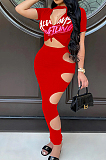 Peacock Blue Wholesale Positioning Print Short Sleeve Hollow Out Crop Top Hole Pencil Skirts Sets SZS8083-1