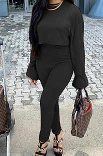 Black Fashion Ribber Horn Sleeve Round Collar Top Pencil Pants Slim Fitting Two-Piece TD80055-2