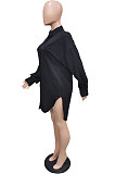 White Modest Pure Color Long Sleeve Lapel Neck Single-Breasted Slit Shirt Dress BBN201-2
