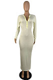 Yellow Wholesale Autumn Winter Long Sleeve Zip Front Slim Fitting Long Dress E8615-2