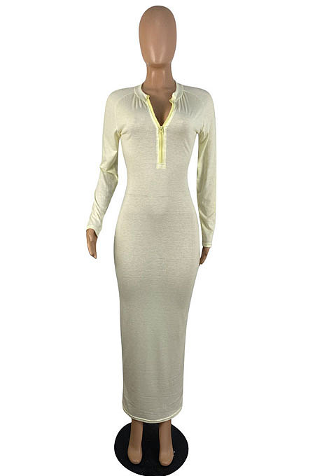 Gray Wholesale Autumn Winter Long Sleeve Zip Front Slim Fitting Long Dress E8615-3