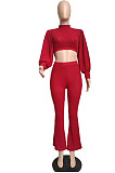 Black Autumn Winter Woolen Knitting Lantern Sleeve Round Neck Crop Tops High Waist Flare Pants Sollid Color Sets LML270-1