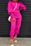 Rose Red Women Fashion Solid Color Puff Sleeve Zipper High Waist Pants Sets MR2120-3