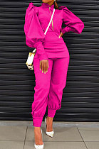Rose Red Women Fashion Solid Color Puff Sleeve Zipper High Waist Pants Sets MR2120-3