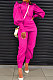 Rose Red Women Fashion Solid Color Puff Sleeve Zipper High Waist Pants Sets MR2120-3