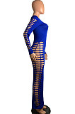 Black Women Sexy Pure Color Long Sleeve Hollow Out Mid Waist Round Collar Long Dress NYP013-1
