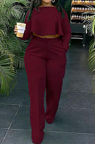 Wine Red Fashion Wholesale Long Sleeve Irregularity Tops Wide Leg Pants Slim Fitting Sets D8454-1