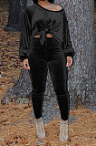 Dark Green Women Long Sleeve Round Collar Korea Velvet Solid Color Sexy Long Pants Sets MR2123-6