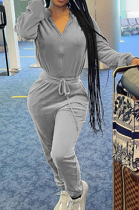 Rose Red  Casual Newest Velvet Long Sleeve Stand Neck Zip Front Collcet Waist Drawsting Jumpsuits LY047-1