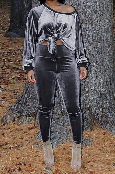 Gray Women Long Sleeve Round Collar Korea Velvet Solid Color Sexy Long Pants Sets MR2123-3