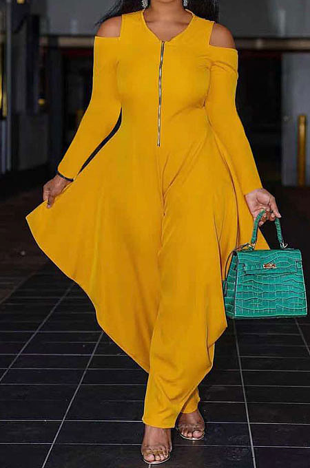 Orange Modest  Newest Long Sleeve Off Shoulder Zip Front Loose Solid Color Jumpsuits AMX6057-1
