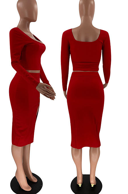 Yellow Fashion Long Sleeve Square Neck Bodycon Tops High Waist Slit Skirts Sexy Sets LM88816-5