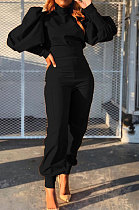 Black Women Trendy Pure Color Puff Sleeve Pullover High Waist Pants Sets MR2121-1