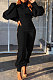 Black Women Trendy Pure Color Puff Sleeve Pullover High Waist Pants Sets MR2121-1
