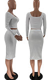 Black Fashion Long Sleeve Square Neck Bodycon Tops High Waist Slit Skirts Sexy Sets LM88816-1