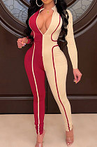 Apricot Red Newest Women Spliced Long Sleeve Stand Collar Zip Front Collect Waist Bodycon Jumpsuits AMX6056