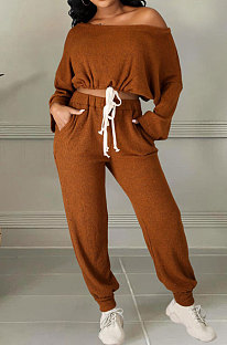 Coffee Cotton Blend A Wrod Shoulder Long Sleeve T Shirts Sweat Pants Sets HHM6528-5