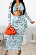 Light Blue Women Long Sleeve Fashion Printing Bandage Hollow Out Skinny Bodycon Long Dress HZF57819-1