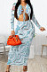 Light Blue Women Long Sleeve Fashion Printing Bandage Hollow Out Skinny Bodycon Long Dress HZF57819-1