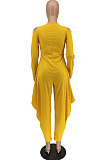 Yellow Modest  Newest Long Sleeve Off Shoulder Zip Front Loose Solid Color Jumpsuits AMX6057-2