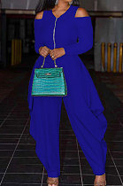 Blue Modest  Newest Long Sleeve Off Shoulder Zip Front Loose Solid Color Jumpsuits AMX6057-6