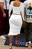 White Fashion Long Sleeve Square Neck Bodycon Tops High Waist Slit Skirts Sexy Sets LM88816-3