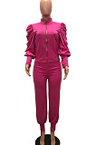 Blue Women Fashion Solid Color Puff Sleeve Zipper High Waist Pants Sets MR2120-4