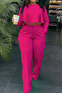 Rose Red Fashion Wholesale Long Sleeve Irregularity Tops Wide Leg Pants Slim Fitting Sets D8454-3