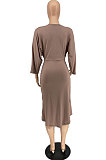 Brown Cotton Blend Sexy Long Sleeve Deep V Collar Ruffle Slit Dress AMX6060-3