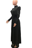 Gray Women Fashion Casual Tight Solid Color High Collar Pullover Collect Waist Puff Sleeve Long Dress MR2124-4