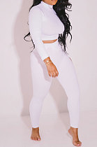 White Women Fashion Pure Color Ribber Long Sleeve Pants Sets YSH86270-1