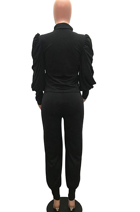 Rose Red Women Fashion Solid Color Puff Sleeve Zipper High Waist Pants Sets MR2120-3