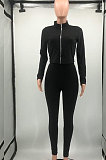 Light Gray Autumn Winter Newest Long Sleeve Zip Front Coat Pencil Pants Sport Sets KY3096-1