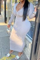 Gray Wholesale Autumn Winter Long Sleeve Zip Front Slim Fitting Long Dress E8615-3