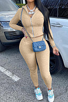 Khaki Autumn Winter Newest Long Sleeve Zip Front Coat Pencil Pants Sport Sets KY3096-2