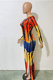 Red Cotton Blend Print Long Sleeve V Neck Zip Back Slim Fitting Slit Jumpsuits JH275-1