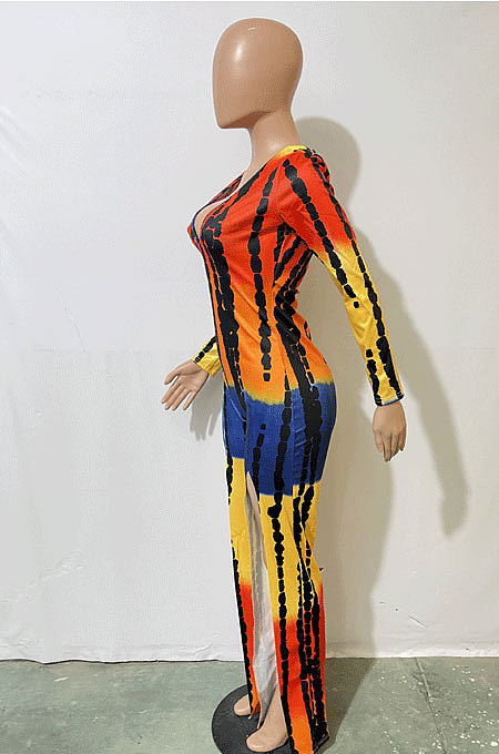 Red Cotton Blend Print Long Sleeve V Neck Zip Back Slim Fitting Slit Jumpsuits JH275-1