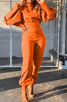 Orange Women Trendy Pure Color Puff Sleeve Pullover High Waist Pants Sets MR2121-2