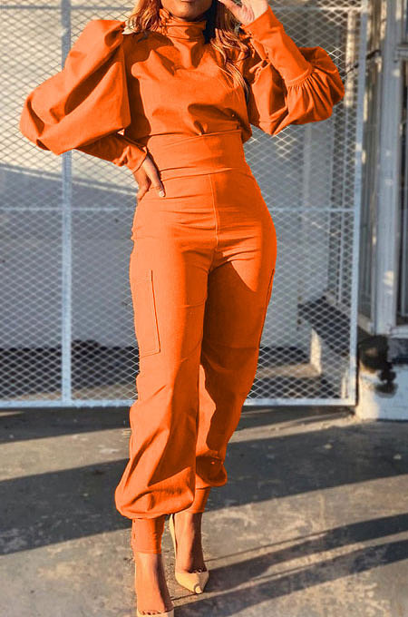 Orange Women Trendy Pure Color Puff Sleeve Pullover High Waist Pants Sets MR2121-2