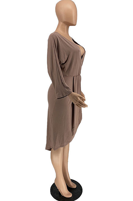 Army Green Cotton Blend Sexy Long Sleeve Deep V Collar Ruffle Slit Dress AMX6060-2