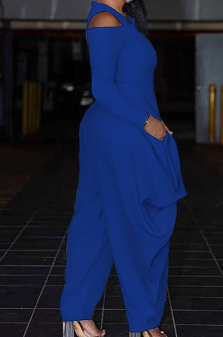 Orange Modest  Newest Long Sleeve Off Shoulder Zip Front Loose Solid Color Jumpsuits AMX6057-1